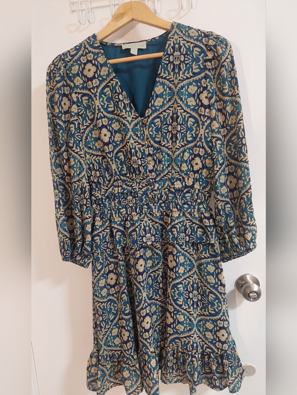 Teal Floral Long Sleeve V-Neck Smocked Waist Dress